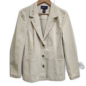 Denim & Co Blazer Women L Beige Stretch Cotton Floral Embroidered Button Pockets